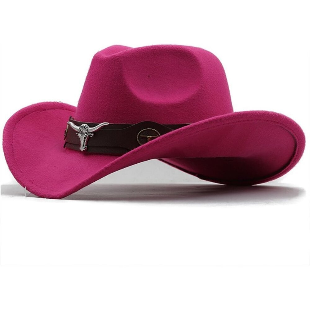 Unisex Hot Pink 100% Polyester Bull Skull Band Classic Fedora Felt Cowboy Hat